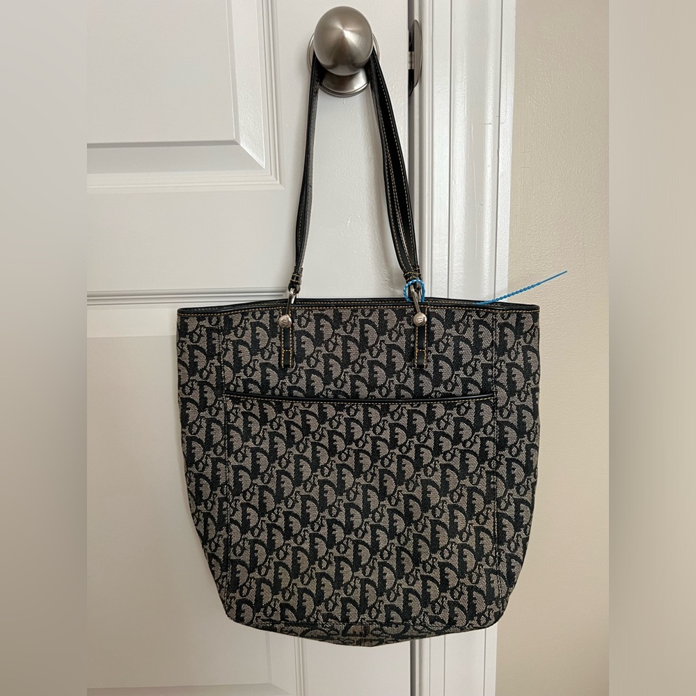 Christian Dior Denim Dark Blue/Grey Oblique &  Leather Tote